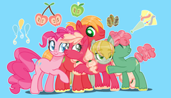 Size: 1797x1028 | Tagged: safe, artist:ruganiacross, imported from derpibooru, big macintosh, pinkie pie, oc, oc:cherry apple, oc:party shout, oc:rocky pie, earth pony, pony, blue background, colt, eye clipping through hair, eyebrows, eyebrows visible through hair, family, female, filly, foal, freckles, group hug, hug, male, mare, offspring, parent:big macintosh, parent:pinkie pie, parents:pinkiemac, pinkiemac, shipping, simple background, stallion, straight, unshorn fetlocks