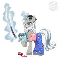 Size: 3586x3652 | Tagged: safe, artist:confetticakez, imported from derpibooru, kotobukiya, star swirl the bearded, pony, unicorn, atg 2021, badge, can, drink, fedora, glasses, glowing, glowing horn, hat, hatsune miku, high res, horn, katana, kotobukiya hatsune miku pony, levitation, magic, magic aura, male, mountain dew, mountain dew code red, neckbeard, newbie artist training grounds, pajama pants, plushie, poké ball, pokémon, ponified, pony plushie, raised hoof, simple background, solo, spilled drink, stallion, sword, telekinesis, unshorn fetlocks, vocaloid, weapon, white background