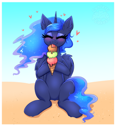 Size: 1763x1913 | Tagged: safe, artist:confetticakez, imported from derpibooru, princess luna, alicorn, pony, atg 2021, beach, belly, blushing, cute, ear fluff, ethereal mane, ethereal tail, eyes closed, eyeshadow, female, folded wings, food, front view, heart, hoof hold, horn, ice cream, ice cream cone, licking, lunabetes, makeup, mare, newbie artist training grounds, outdoors, sitting, solo, tail, tongue out, wings