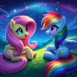 Size: 1024x1024 | Tagged: safe, imported from derpibooru, fluttershy, rainbow dash, pegasus, pony, ai content, ai generated, cute, dashabetes, duo, duo female, female, folded wings, generator:bing image creator, generator:dall-e 3, grass, happy, hill, mare, night, open mouth, outdoors, prompter:nightofcore, shyabetes, sitting, spread wings, stars, wings, wrong cutie mark