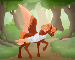 Size: 3500x2800 | Tagged: safe, artist:ganashiashaka, imported from derpibooru, oc, oc:golden flare, mouse, pegasus, pony, bandage, broken bone, broken wing, cast, colored hooves, colored wings, commission, forest, freckles, hooves, injured, male, nature, nonbinary, pegasus oc, ponified, short tail, sling, smiling, species swap, stallion, tail, tree, unshorn fetlocks, wings