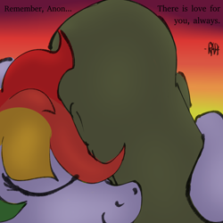 Size: 2000x2000 | Tagged: safe, artist:rapt, imported from derpibooru, rainbow dash, oc, oc:anon, human, dialogue, digital art, duo, female, hug, human and pony, love, mare, neck hug, over the shoulder, romantic, sunset