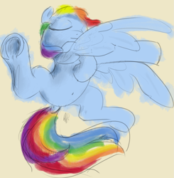 Size: 1179x1204 | Tagged: safe, artist:rapt, imported from derpibooru, rainbow dash, pegasus, pony, beige background, colored sketch, dock, eyes closed, female, mare, rough color, simple background, sketch, solo, tail