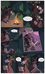 Size: 1714x2798 | Tagged: safe, artist:php191, imported from derpibooru, king sombra, trouble shoes, fanfic:catch us if you can, bonfire, bowl, comic, crown, dialogue, duo, duo male, fanfic, fanfic art, fire, food, forest, forest background, gay, gulp, hat, jewelry, male, nature, onomatopoeia, regalia, selfie, shipping, soup, speech bubble, stallion, text, tree