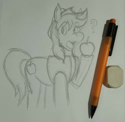 Size: 1280x1251 | Tagged: safe, artist:dingopatagonico, imported from derpibooru, braeburn, earth pony, pony, apple, food, male, solo, stallion, traditional art