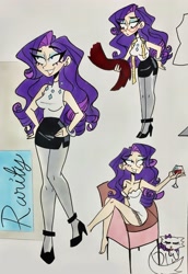 Size: 2255x3280 | Tagged: safe, artist:citi, imported from derpibooru, opalescence, rarity, human, alcohol, chair, clothes, glass, high heels, humanized, negligee, pantyhose, pencil skirt, shoes, skirt, traditional art, wine, wine glass