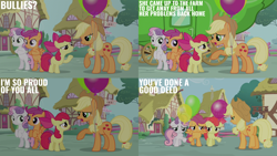 Size: 2000x1125 | Tagged: safe, edit, edited screencap, editor:quoterific, imported from derpibooru, screencap, apple bloom, applejack, scootaloo, sweetie belle, earth pony, pegasus, pony, unicorn, one bad apple, season 3, balloon, bipedal, cutie mark crusaders, female, filly, foal, horn, mare, regret