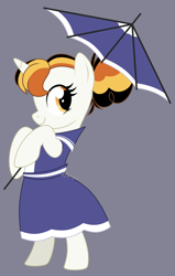 Size: 2094x3300 | Tagged: safe, artist:feather_bloom, imported from derpibooru, oc, oc only, oc:candy corn, pony, unicorn, clothes, commission, dress, horn, poofy mane, side view, simple background, solo, umbrella