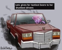 Size: 1792x1469 | Tagged: safe, artist:reddthebat, imported from derpibooru, berry punch, berryshine, earth pony, pony, beer bottle, bottle, car, driving, drunk, drunk driving, eyebrows, eyebrows visible through hair, female, gray background, mare, open mouth, open smile, signature, simple background, smiling, solo, text