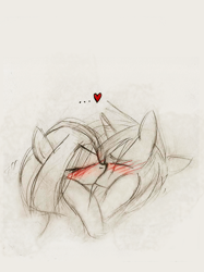 Size: 600x804 | Tagged: safe, artist:foxinshadow, imported from derpibooru, oc, oc only, unicorn, blushing, eyes closed, female, heart, horn, kissing, lesbian, oc name needed, sketch, unicorn oc