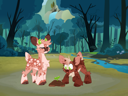 Size: 8000x6000 | Tagged: safe, artist:crazysketch101, imported from derpibooru, oc, oc only, oc:brin, oc:dixie, deer, chest fluff, deer oc, duo, forest, forest background, nature, non-pony oc, river, sapling, solo, stream, tree, water