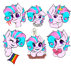 Size: 3177x2939 | Tagged: safe, artist:kristina, imported from derpibooru, oc, oc only, oc:sweetie swirl, bat pony, pony, blushing, commission, cute, emoji, emotions, exclamation point, floral necklace, flower, frown, hair over one eye, happy, heart, interrobang, lightbulb, one eye closed, pride, pride flag, question mark, simple background, smiling, solo, sticker, transparent background, wink, ych result