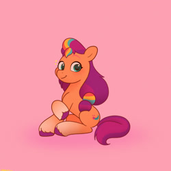 Size: 2480x2480 | Tagged: safe, artist:starburstuwu, imported from derpibooru, sunny starscout, earth pony, pony, blushing, cute, female, floating heart, g5, heart, high res, looking at you, mane stripe sunny, mare, pink background, simple background, sitting, smiling, smiling at you, solo, sunnybetes