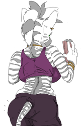 Size: 560x849 | Tagged: safe, artist:gromdrawing, imported from derpibooru, zecora, anthro, zebra, ass, breasts, busty zecora, butt, cellphone, clothes, female, mare, phone, rear view, rearboob, shorts, simple background, smartphone, solo, sports bra, tail, tail hole, white background, zecorass