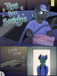 Size: 3840x5120 | Tagged: safe, artist:difis, imported from derpibooru, oc, oc:smidge, anthro, bat pony, bat wings, comic, delivery, fangs, pizza box, wings