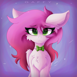 Size: 3500x3500 | Tagged: safe, artist:gaffy, imported from derpibooru, oc, oc only, oc:ellie berryheart, flaffy, pegasus, pony, abstract background, black eyeshadow, bowtie, eyeshadow, female, green eyes, looking at you, makeup, pokémon, solo, wings