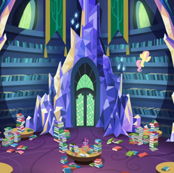 Size: 1920x1916 | Tagged: safe, composite screencap, edit, edited screencap, imported from derpibooru, screencap, fluttershy, twilight sparkle, alicorn, pegasus, pony, a health of information, book, library, panorama, twilight sparkle (alicorn), twilight's castle