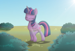 Size: 1280x866 | Tagged: safe, artist:k. dale, imported from derpibooru, twilight sparkle, alicorn, pony, bush, cute, eyes closed, female, mare, movie accurate, shading, smiling, solo, standing, twilight sparkle (alicorn)