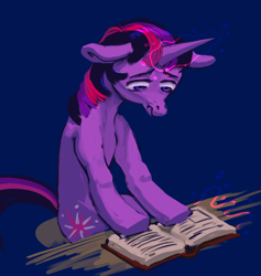 Size: 1280x1348 | Tagged: safe, artist:starstation, imported from derpibooru, twilight sparkle, pony, unicorn, blue background, book, horn, magic, reading, simple background, solo, unicorn twilight