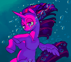 Size: 1280x1118 | Tagged: safe, artist:starstation, imported from derpibooru, twilight sparkle, alicorn, pony, bubble, flowing mane, flowing tail, horn, ocean, solo, spread wings, sunlight, swimming, tail, twilight sparkle (alicorn), underwater, water, wings