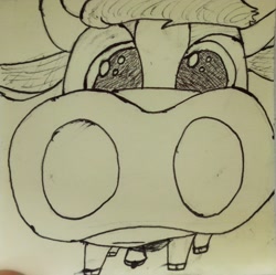 Size: 2448x2436 | Tagged: safe, artist:wren, imported from derpibooru, cow, them's fightin' herds, arizona (tfh), bell, community related, cowbell, monochrome, solo, stare, sticky note, traditional art