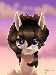 Size: 2304x3072 | Tagged: safe, artist:lulamoooon, imported from derpibooru, oc, oc only, earth pony, afternoon, brown mane, cowboy hat, earth pony oc, hat, purple eyes, solo