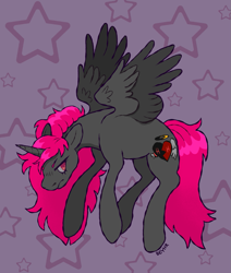 Size: 933x1101 | Tagged: safe, artist:beyhr, imported from derpibooru, oc, oc only, oc:halo, alicorn, pony, alicorn oc, artfight, colored eyebrows, colored wings, colored wingtips, female, flying, frown, gift art, gray coat, gray wingtips, horn, lidded eyes, long mane, long tail, looking back, mare, mare oc, narrowed eyes, no catchlights, partially open wings, patterned background, pink eyes, pink mane, pink tail, ponysona, profile, shiny mane, shiny tail, signature, solo, stars, tail, two toned background, two toned wings, unicorn horn, wings