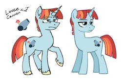 Size: 1054x693 | Tagged: safe, artist:partyponypower, imported from derpibooru, oc, oc only, oc:loose cannon (partyponypower), pony, unicorn, bangs, blue coat, blue eyes, blue pupils, colored, colored hooves, colored pupils, eyebrows, eyebrows visible through hair, flat colors, frown, hooves, horn, lidded eyes, multicolored mane, multicolored tail, no catchlights, orange mane, orange tail, raised hoof, reference used, short mane, simple background, solo, standing, standing on three hooves, straight mane, straight tail, tail, text, three toned mane, three toned tail, tri-color mane, tri-color tail, tri-colored mane, tri-colored tail, tricolor mane, tricolor tail, tricolored mane, tricolored tail, unicorn oc, unshorn fetlocks, white background, yellow hooves