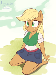 Size: 3000x4000 | Tagged: safe, alternate version, artist:azuretto, imported from derpibooru, applejack, anthro, earth pony, unguligrade anthro, clothes, colored, equestria girls outfit, female, flat colors, frown, high res, kneeling, solo