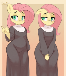 Size: 2600x3000 | Tagged: safe, artist:azuretto, imported from derpibooru, fluttershy, anthro, pegasus, clothes, female, floppy ears, flutternun, frown, gradient background, high res, lidded eyes, nun, nun outfit, solo, wrong eye color