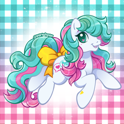 Size: 2400x2400 | Tagged: safe, artist:sparkytopia, imported from derpibooru, oc, oc only, earth pony, pony, bow, female, g3, looking at you, mlptp posty, patterned background, pink mane, signature, solo, tail, tail bow, teal eyes, teal mane, white coat