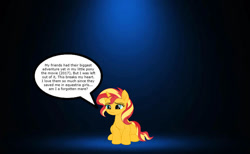 Size: 826x508 | Tagged: safe, artist:horseboy223, imported from derpibooru, sunset shimmer, unicorn, my little pony: the movie, alone, depressed, depression, dialogue, female, forgotten, heartbreak, horn, left out, lonely, movie accurate, solo, solo female, speech bubble, spotlight, text, they wasted a perfectly good character