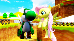 Size: 1920x1080 | Tagged: safe, artist:superpac-mario64, imported from derpibooru, fluttershy, dinosaur, pegasus, yoshi, 3d, mmd, super mario bros., wings