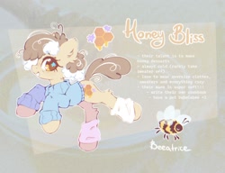 Size: 2048x1575 | Tagged: safe, artist:mirtash, imported from derpibooru, oc, oc only, oc:honey bliss, bee, earth pony, insect, pony, adoptable, adoptable open, bags under eyes, big hooves, blue sweater, brown eyelashes, brown pupils, bumblebee, cheek fluff, clothes, colored eyelashes, colored pupils, curly mane, curly tail, ear fluff, earth pony oc, eyelashes, for sale, freckles, heart, heart eyes, hock fluff, leg warmers, looking back, outline, profile, raised hooves, raised leg, reference sheet, smiling, solo, standing, standing on one leg, starry eyes, sweater, tail, tan coat, text, thin, turtleneck, turtleneck sweater, two toned mane, two toned tail, wall of tags, white text, wingding eyes, yellow eyes, yellow text