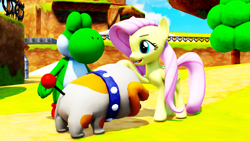 Size: 1920x1080 | Tagged: safe, artist:superpac-mario64, imported from derpibooru, fluttershy, pegasus, yoshi, 3d, crossover, mmd, poochie, super mario bros.