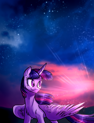 Size: 1178x1536 | Tagged: safe, artist:not-ordinary-pony, derpibooru exclusive, imported from derpibooru, twilight sparkle, alicorn, crepuscular rays, female, mare, smiling, solo, sparkles, sunset, twilight sparkle (alicorn)