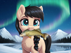 Size: 2048x1536 | Tagged: safe, artist:dovakkins, imported from derpibooru, oc, oc only, fish, pony, ai assisted, ai content, aurora borealis, cute, female, fluffy, forest, looking at you, mare, mountain, mountain range, mouth hold, nature, smiling, smiling at you, snow, solo, tree, yakutian horse