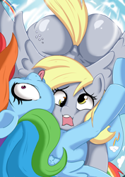 Size: 2894x4093 | Tagged: safe, artist:zekn, imported from derpibooru, derpy hooves, rainbow dash, pegasus, pony, bubble butt, butt, collision, duo, duo female, female, flying, high res, i just don't know what went wrong, mare, open mouth, pinpoint eyes, plot, tongue out