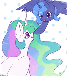 Size: 1950x2200 | Tagged: safe, artist:maravor, imported from derpibooru, princess celestia, princess luna, alicorn, pony, :p, abstract background, blushing, boop, cute, cutelestia, female, lunabetes, mare, royal sisters, s1 luna, scrunchy face, siblings, sisters, tongue out