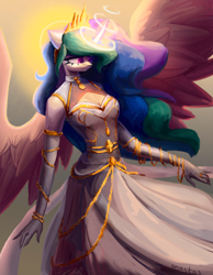 Size: 3500x4500 | Tagged: safe, artist:anastas, imported from derpibooru, princess celestia, alicorn, anthro, pegasus, unicorn, abstract background, breasts, busty princess celestia, chains, cleavage, clothes, crown, curved horn, cute, dress, ethereal mane, eyelashes, female, floppy ears, glowing, glowing horn, horn, jewelry, looking away, magic, necklace, regalia, ring, sexy, smiling, solo, spread wings, sun, white dress, wings