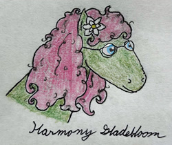 Size: 1681x1414 | Tagged: safe, artist:peacepetal, imported from derpibooru, oc, oc only, oc:harmony gladebloom, earth pony, pony, bust, colored pencil drawing, curly hair, curly mane, cursive writing, earth pony oc, glasses, hoers, magnolia flower, messy mane, portrait, rectangular pupil, simple background, solo, traditional art