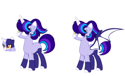 Size: 1710x1044 | Tagged: safe, imported from derpibooru, bat pony, unicorn, female, heterochromia, horn, kinsona, mare, reference sheet, solo, solo female