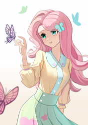 Size: 2480x3508 | Tagged: safe, artist:ashen, imported from derpibooru, fluttershy, butterfly, human, blouse, cardigan, clothes, female, high res, humanized, pixiv, raised hand, simple background, skirt, solo, white background