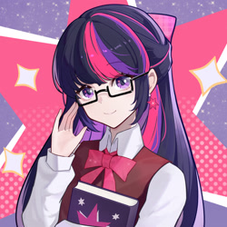 Size: 1600x1600 | Tagged: safe, artist:ashen, imported from derpibooru, twilight sparkle, human, book, bust, clothes, cutie mark background, ear piercing, female, glasses, humanized, looking at you, piercing, pixiv, raised hand, school uniform, smiling, solo