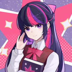 Size: 1600x1600 | Tagged: safe, alternate version, artist:ashen, imported from derpibooru, twilight sparkle, human, book, bust, clothes, cutie mark background, ear piercing, female, humanized, looking at you, piercing, pixiv, raised hand, school uniform, smiling, solo