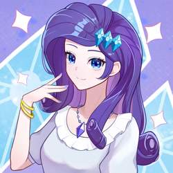 Size: 1600x1600 | Tagged: safe, artist:ashen, imported from derpibooru, rarity, human, bust, cutie mark background, female, humanized, jewelry, looking at you, nail polish, necklace, pixiv, raised hand, smiling, solo