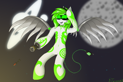 Size: 9600x6400 | Tagged: safe, artist:twinky, imported from derpibooru, oc, cyborg, pegasus, pony, semi-anthro, anatomically incorrect, arm cannon, artificial wings, augmented, blank eyes, coat markings, female, green eyes, green mane, headphones, incorrect leg anatomy, mare, murder drones, rocket, rocket launcher, solo, spread wings, swirls, swirly markings, tattoo, weapon, wings