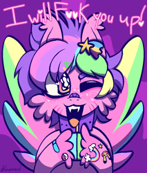 Size: 742x869 | Tagged: safe, artist:kharmacal, imported from derpibooru, oc, oc only, oc:final fantasy, pegasus, pikachu, :3, abstract background, artfight, bandaid, bandaid on nose, censored, cheek fluff, collar, colored hooves, colored wings, colored wingtips, colorful, ear tufts, fangs, gift art, gradient eyes, hairclip, halfbody, heart, heart eyes, hooves, hooves together, mismatched hooves, multicolored hooves, multicolored mane, multicolored wings, multicolored wingtips, one eye closed, open mouth, open smile, pink coat, poké ball, pokémon, saturated, short mane, signature, smiling, solo, spread wings, sticker, tall ears, two toned background, vulgar, wingding eyes, wings, wink