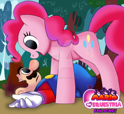 Size: 827x764 | Tagged: safe, artist:pokemonfan111, imported from derpibooru, pinkie pie, earth pony, human, pony, comic:mario in equestria, crossover, deviantart watermark, female, male, mario, obtrusive watermark, super mario bros., watermark