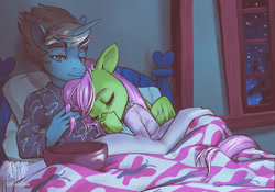 Size: 1772x1238 | Tagged: safe, artist:ladysdino, imported from derpibooru, fluttershy, oc, oc:rope trick, anthro, pegasus, unicorn, bed, bowl, canon x oc, clothes, commission, cuddling, duo, duo male and female, female, fluttershy's bedroom, horn, in bed, male, pajamas, shipping, sleeping, straight